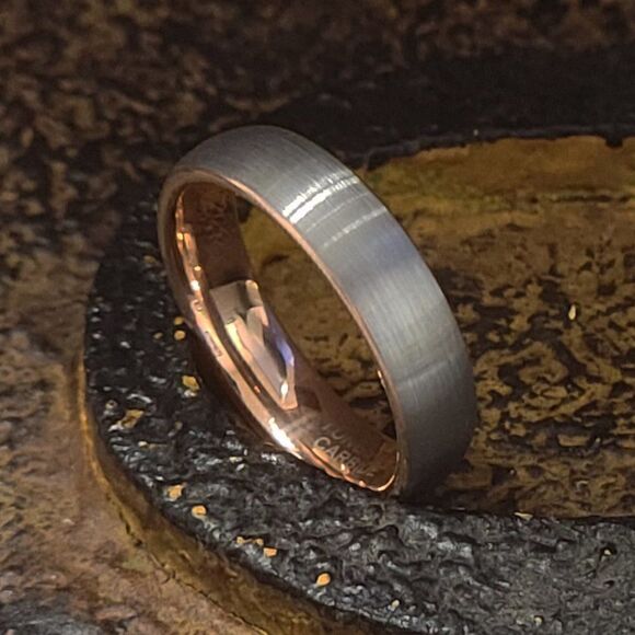 Men's Real Silver and Rose gold Tungsten Wedding Ring - Brushed Steel - Picture 7 of 8